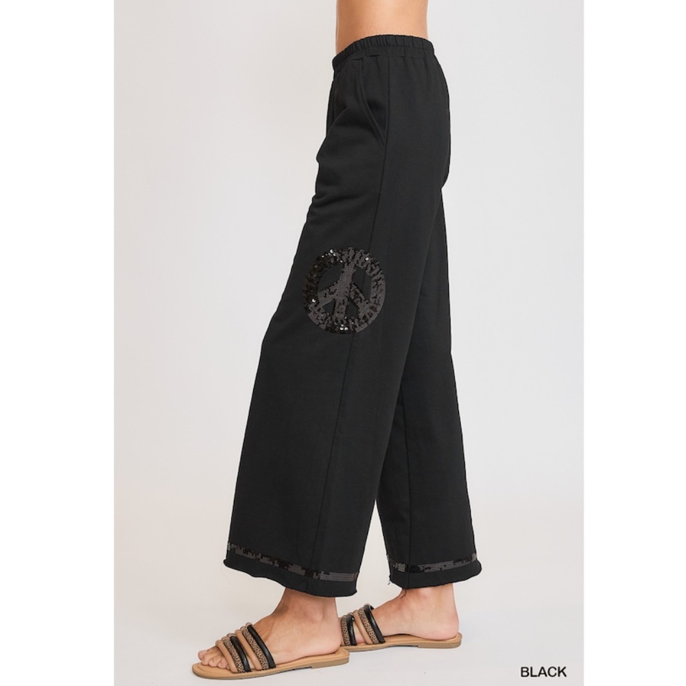 Umgee Black Pants Sequins Peace Sign Lg New